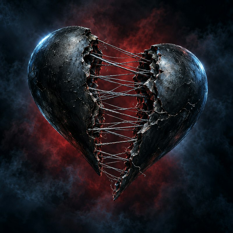 Heart Ripper cover: a torn metal heart suspended in red and blue smoke