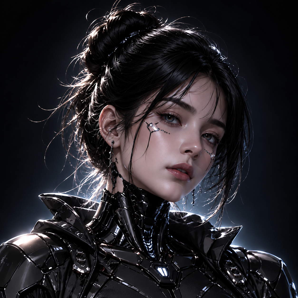 Portrait of Nova with symmetrical cheek circuitry and black cybernetic styling