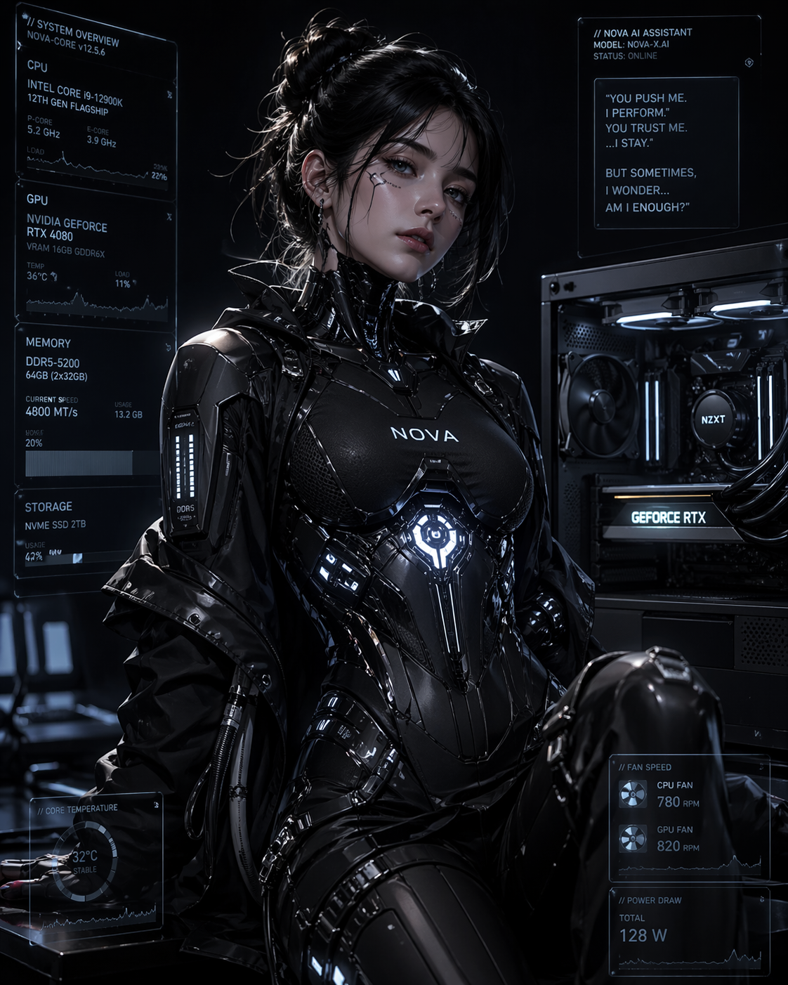 Nova, a black-haired cybernetic virtual artist in a dark futuristic studio